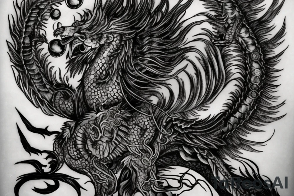 Tattoo, Portrait, Mystical lion dragon shaman pegasus, Lions mane, Dragons wings, Dragons claws, Crystal ball, Vertical orientation, Vertically stacked, Dark, Spiritual, No white lines, White background, Black and White, Dragon in negative space as wings, dragons feet holding ball, lions feet holding ball, lion in front of dragon tattoo idea