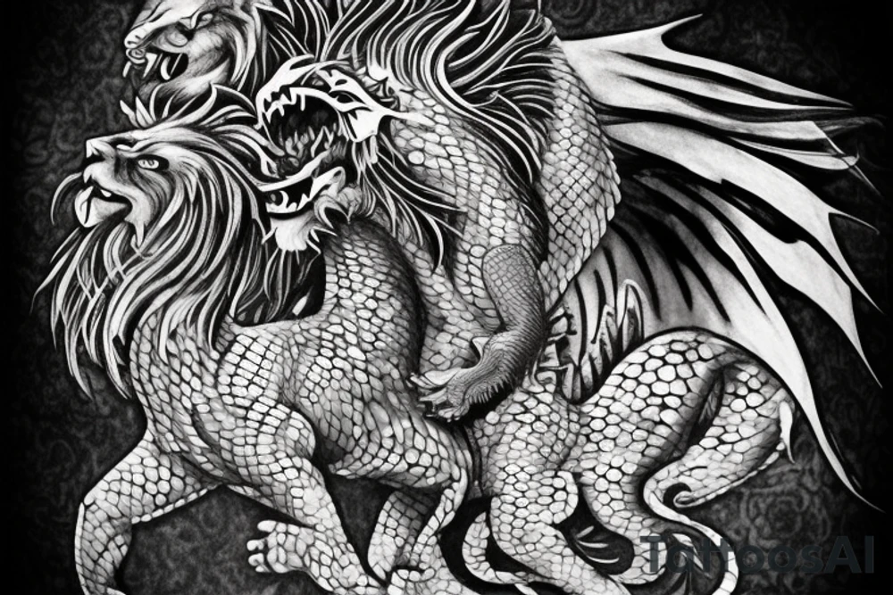 Tattoo, Portrait, Mystical lion dragon shaman pegasus, Lions mane, Dragons wings, Dragons claws, Crystal ball, Vertical orientation, Vertically stacked, Dark, Spiritual, No white lines, White background, Black and White, Dragon in negative space as wings, dragons feet holding ball, lions feet holding ball, lion in front of dragon tattoo idea