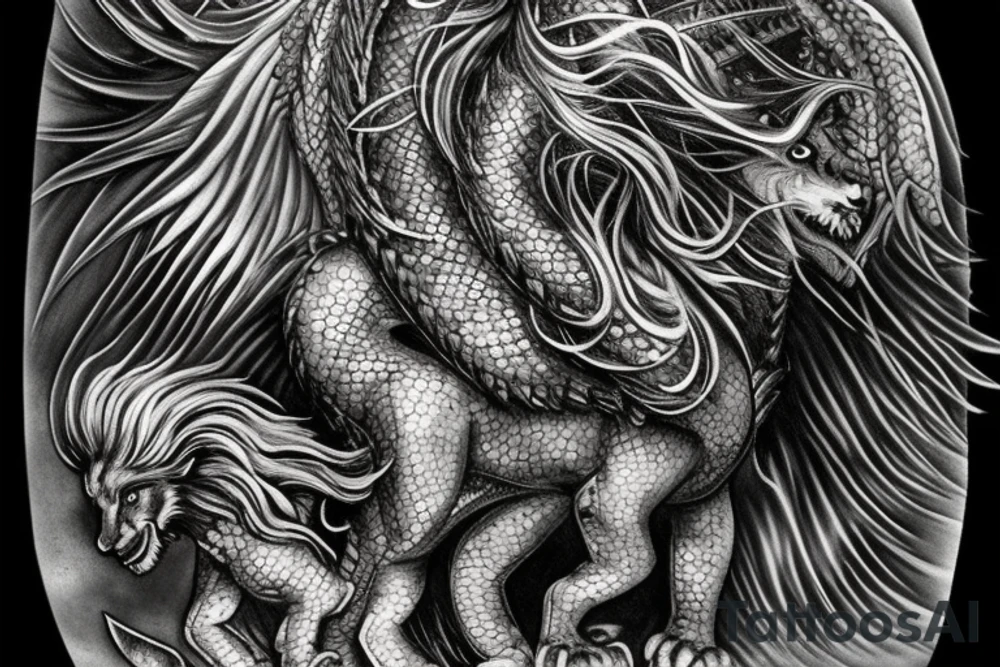 Tattoo, Portrait, Mystical lion dragon shaman pegasus, Lions mane, Dragons wings, Dragons claws, Crystal ball, Vertical orientation, Vertically stacked, Dark, Spiritual, No white lines, White background, Black and White, Dragon in negative space as wings, dragons feet holding ball, lions feet holding ball, lion in front of dragon tattoo idea