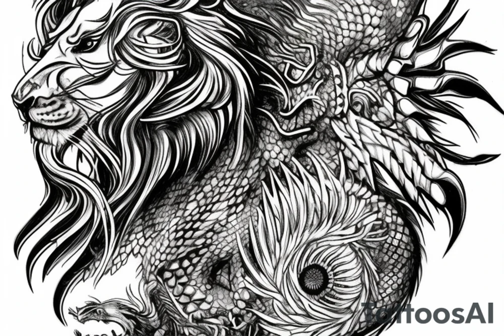 Tattoo, Portrait, Mystical lion dragon shaman pegasus, Lions mane, Dragons wings, Dragons claws, Crystal ball, Vertical orientation, Vertically stacked, Dark, Spiritual, No white lines, White background, Black and White, Dragon in negative space as wings, dragons feet holding ball, lions feet holding ball, lion in front of dragon tattoo idea