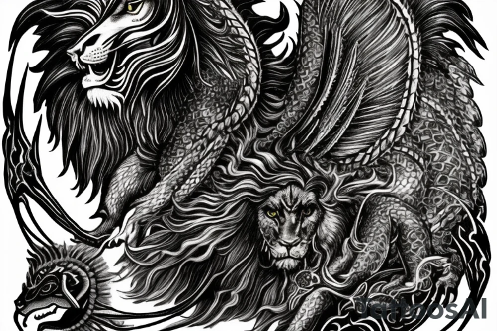 Tattoo, Portrait, Mystical lion dragon shaman pegasus, Lions mane, Dragons wings, Dragons claws, Crystal ball, Vertical orientation, Vertically stacked, Dark, Spiritual, No white lines, White background, Black and White, Dragon in negative space as wings, dragons feet holding ball, lions feet holding ball, lion in front of dragon tattoo idea
