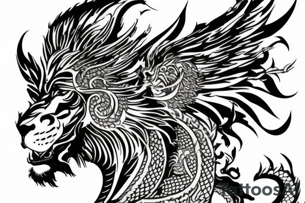 Tattoo, Portrait, Mystical lion dragon shaman pegasus, Lions mane, Dragons wings, Dragons claws, Crystal ball, Vertical orientation, Vertically stacked, Dark, Spiritual, No white lines, White background, Black and White, Dragon in negative space as wings, dragons feet holding ball, lions feet holding ball, lion in front of dragon tattoo idea