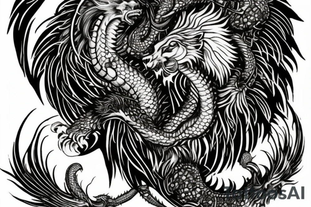 Tattoo, Portrait, Mystical lion dragon shaman pegasus, Lions mane, Dragons wings, Dragons claws, Crystal ball, Vertical orientation, Vertically stacked, Dark, Spiritual, No white lines, White background, Black and White, Dragon in negative space as wings, dragons feet holding ball, lions feet holding ball, lion in front of dragon tattoo idea