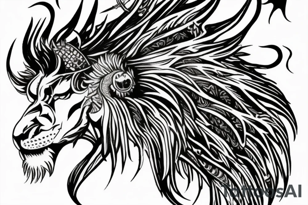 Tattoo, Portrait, Mystical lion dragon shaman pegasus, Lions mane, Dragons wings, Dragons claws, Crystal ball, Vertical orientation, Vertically stacked, Dark, Spiritual, No white lines, White background, Black and White, Dragon in negative space as wings, dragons feet holding ball, lions feet holding ball, lion in front of dragon tattoo idea