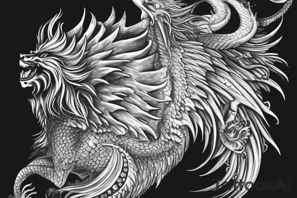 Tattoo, Portrait, Mystical lion dragon shaman pegasus, Lions mane, Dragons wings, Dragons claws, Crystal ball, Vertical orientation, Vertically stacked, Dark, Spiritual, No white lines, White background, Black and White, Dragon in negative space as wings, dragons feet holding ball, lions feet holding ball, lion in front of dragon tattoo idea