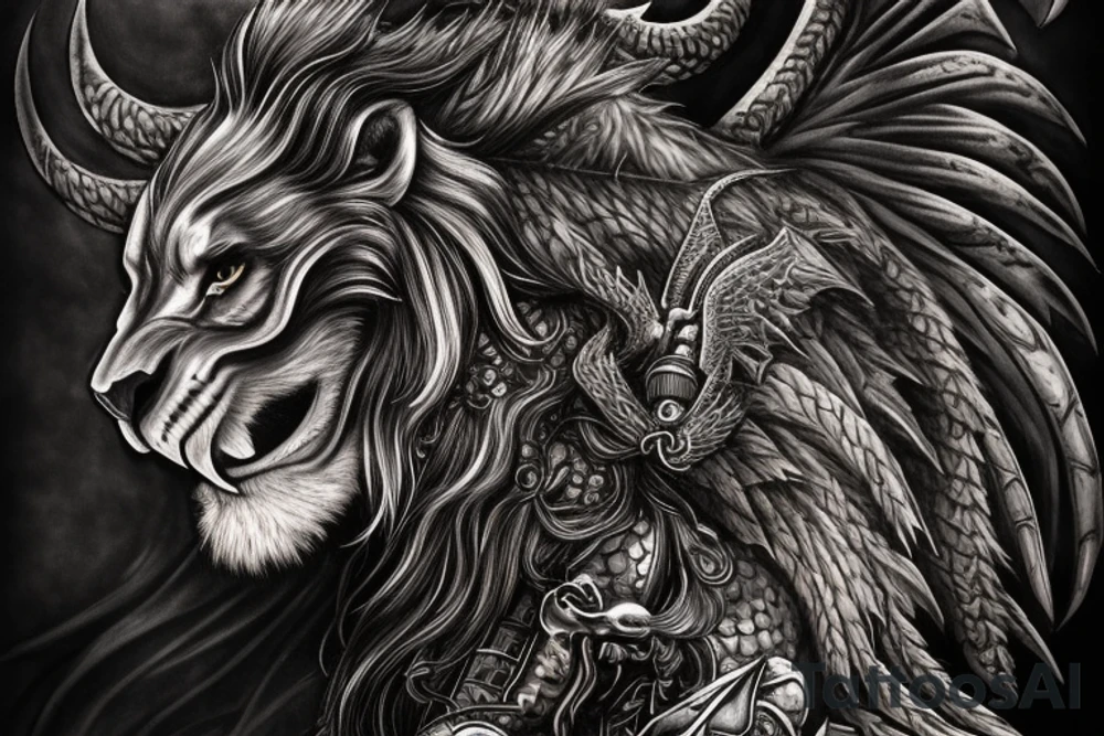 Tattoo, Portrait, Mystical lion dragon shaman pegasus, Lions mane, Dragons wings, Dragons claws, Crystal ball, Vertical orientation, Vertically stacked, Dark, Spiritual, No white lines, White background, Black and White, Dragon in negative space as wings, dragons feet holding ball, lions feet holding ball, lion in front of dragon tattoo idea
