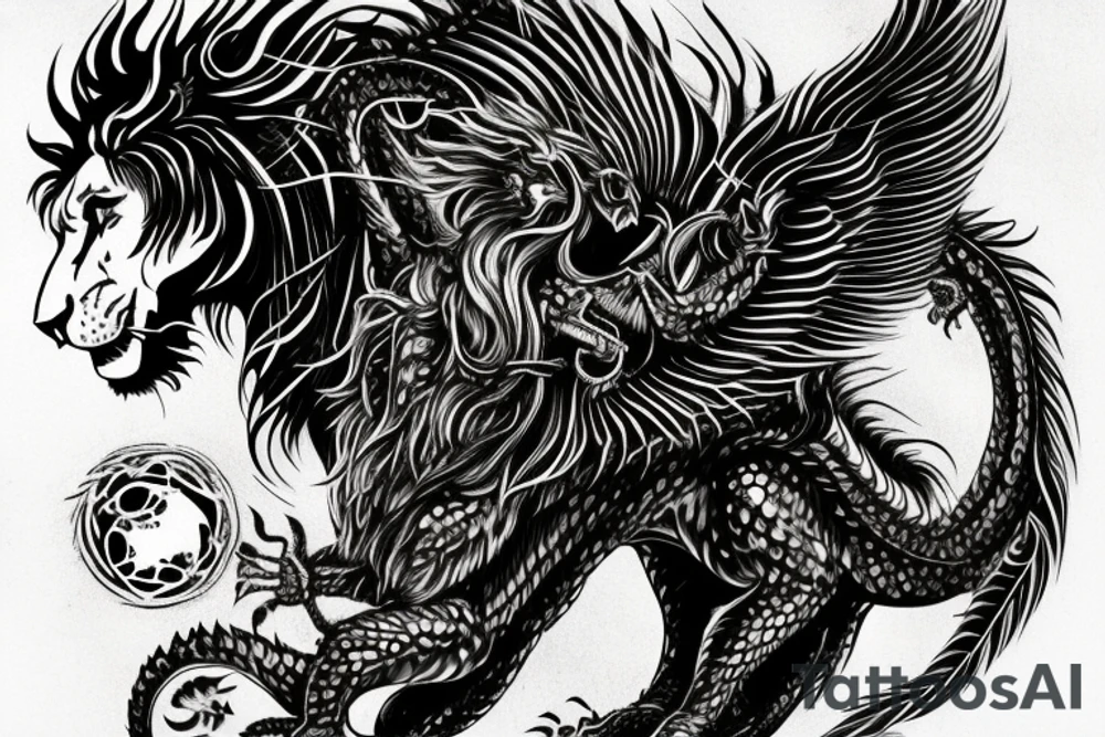 Tattoo, Portrait, Mystical lion dragon shaman pegasus, Lions mane, Dragons wings, Dragons claws, Crystal ball, Vertical orientation, Vertically stacked, Dark, Spiritual, No white lines, White background, Black and White, Dragon in negative space as wings, dragons feet holding ball, lions feet holding ball, lion in front of dragon tattoo idea