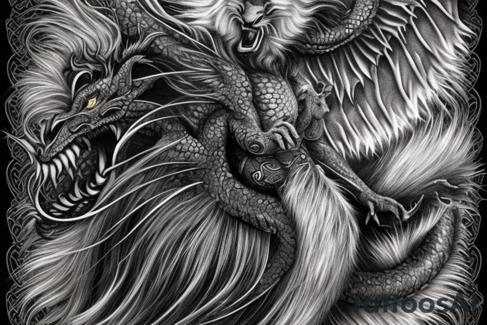 Tattoo, Portrait, Mystical lion dragon shaman pegasus, Lions mane, Dragons wings, Dragons claws, Crystal ball, Vertical orientation, Vertically stacked, Dark, Spiritual, No white lines, White background, Black and White, Dragon in negative space as wings, dragons feet holding ball, lions feet holding ball, lion in front of dragon tattoo idea