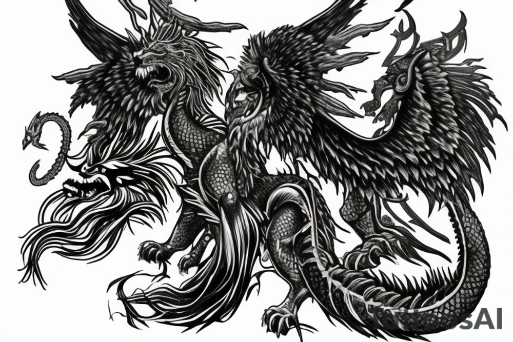 Tattoo, Portrait, Mystical lion dragon shaman pegasus, Lions mane, Dragons wings, Dragons claws, Crystal ball, Vertical orientation, Vertically stacked, Dark, Spiritual, No white lines, White background, Black and White, Dragon in negative space as wings, dragons feet holding ball, lions feet holding ball, lion in front of dragon tattoo idea