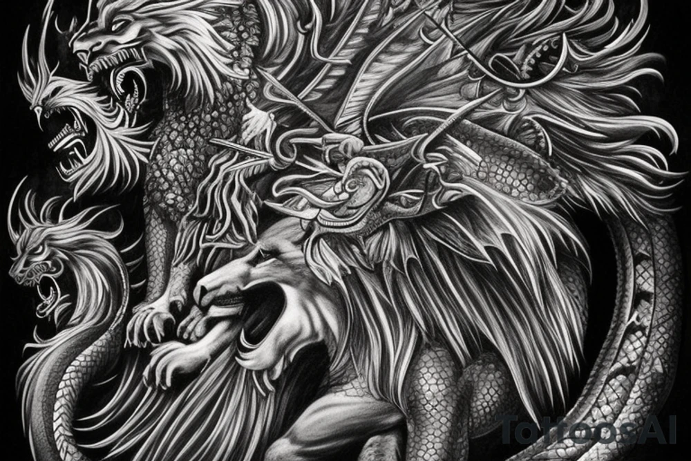 Tattoo, Portrait, Mystical lion dragon shaman pegasus, Lions mane, Dragons wings, Dragons claws, Crystal ball, Vertical orientation, Vertically stacked, Dark, Spiritual, No white lines, White background, Black and White, Dragon in negative space as wings, dragons feet holding ball, lions feet holding ball, lion in front of dragon tattoo idea