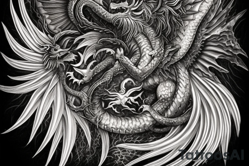 Tattoo, Portrait, Mystical lion dragon shaman pegasus, Lions mane, Dragons wings, Dragons claws, Crystal ball, Vertical orientation, Vertically stacked, Dark, Spiritual, No white lines, White background, Black and White, Dragon in negative space as wings, dragons feet holding ball, lions feet holding ball, lion in front of dragon tattoo idea