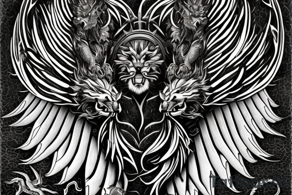 Tattoo, Portrait, Mystical lion dragon shaman pegasus, Lions mane, Dragons wings, Dragons claws, Crystal ball, Vertical orientation, Vertically stacked, Dark, Spiritual, No white lines, White background, Black and White, Dragon in negative space as wings, dragons feet holding ball, lions feet holding ball, lion in front of dragon tattoo idea