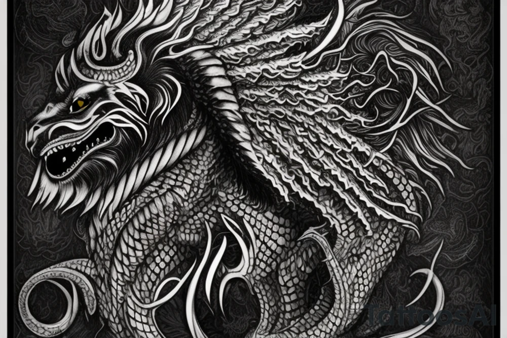 Tattoo, Portrait, Mystical lion dragon shaman pegasus, Lions mane, Dragons wings, Dragons claws, Crystal ball, Vertical orientation, Vertically stacked, Dark, Spiritual, No white lines, White background, Black and White, Dragon in negative space as wings, dragons feet holding ball, lions feet holding ball, lion in front of dragon tattoo idea