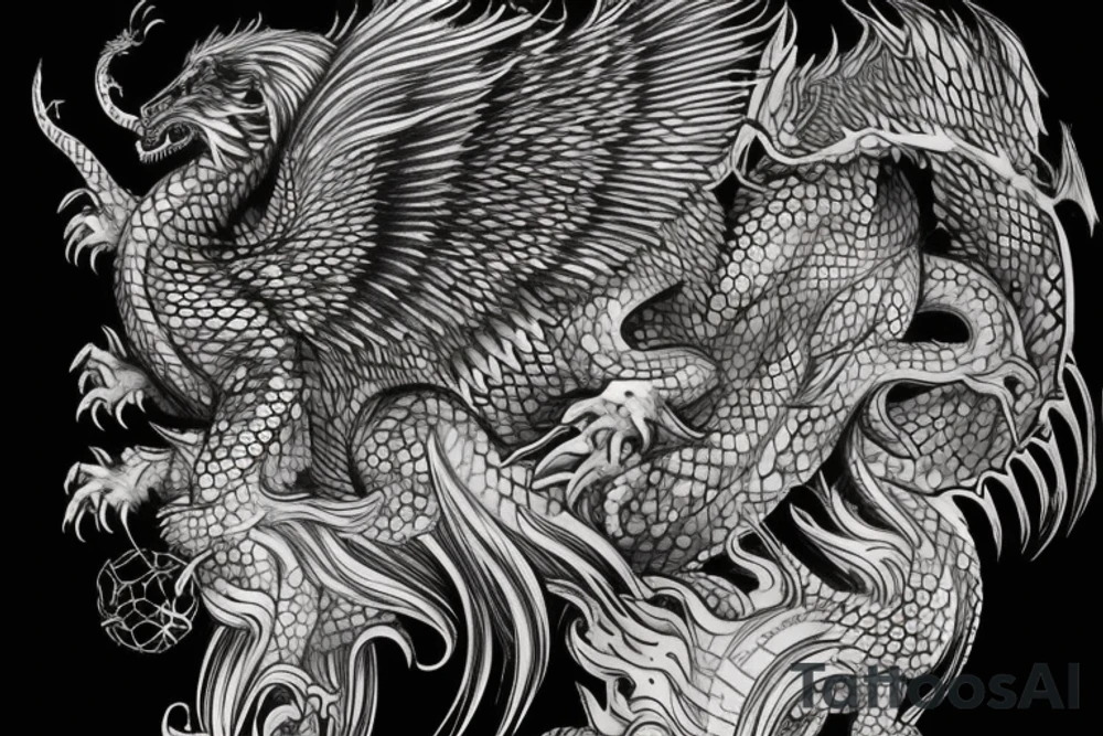 Tattoo, Portrait, Mystical lion dragon shaman pegasus, Lions mane, Dragons wings, Dragons claws, Crystal ball, Vertical orientation, Vertically stacked, Dark, Spiritual, No white lines, White background, Black and White, Dragon in negative space as wings, dragons feet holding ball, lions feet holding ball, lion in front of dragon tattoo idea