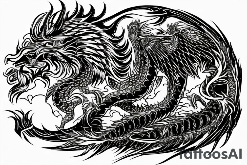 Tattoo, Portrait, Mystical lion dragon shaman pegasus, Lions mane, Dragons wings, Dragons claws, Crystal ball, Vertical orientation, Vertically stacked, Dark, Spiritual, No white lines, White background, Black and White, Dragon in negative space as wings, dragons feet holding ball, lions feet holding ball, lion in front of dragon tattoo idea
