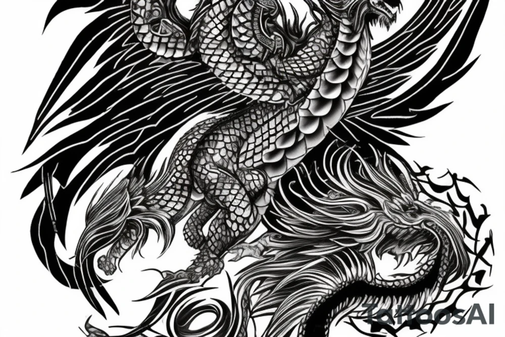 Tattoo, Portrait, Mystical lion dragon shaman pegasus, Lions mane, Dragons wings, Dragons claws, Crystal ball, Vertical orientation, Vertically stacked, Dark, Spiritual, No white lines, White background, Black and White, Dragon in negative space as wings, dragons feet holding ball, lions feet holding ball, lion in front of dragon tattoo idea
