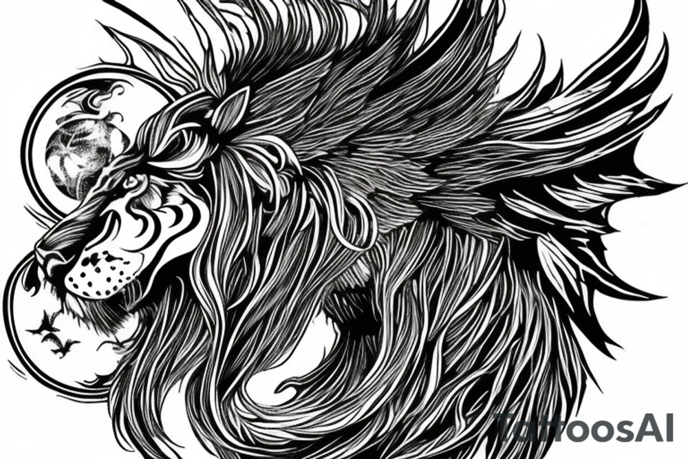 Tattoo, Portrait, Mystical lion dragon shaman pegasus, Lions mane, Dragons wings, Dragons claws, Crystal ball, Vertical orientation, Vertically stacked, Dark, Spiritual, No white lines, White background, Black and White, Dragon in negative space as wings, dragons feet holding ball, lions feet holding ball, lion in front of dragon tattoo idea