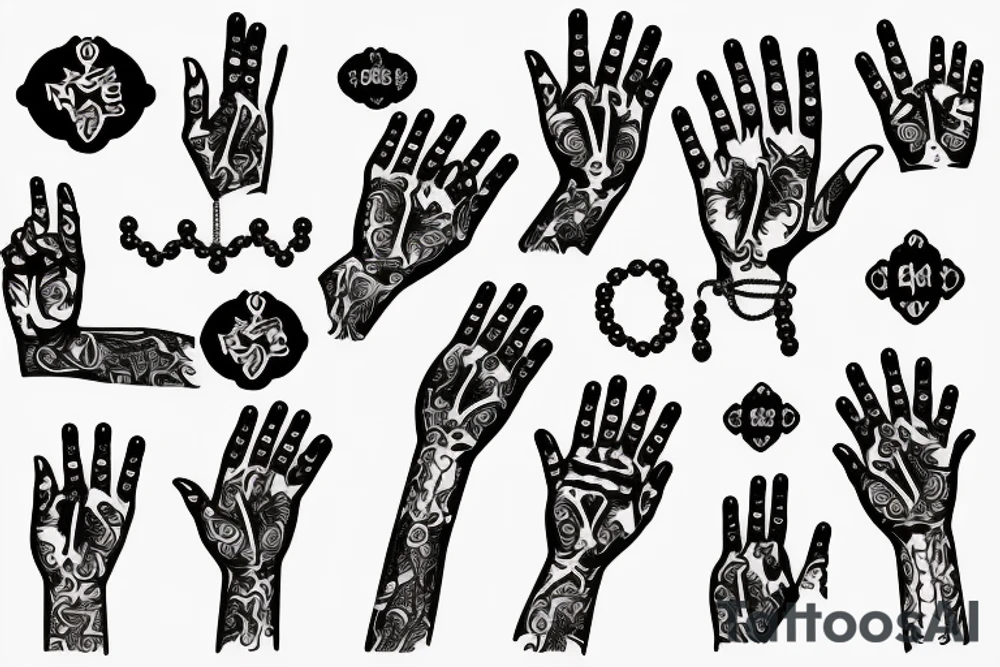 Praying hands with prayer beads tattoo idea