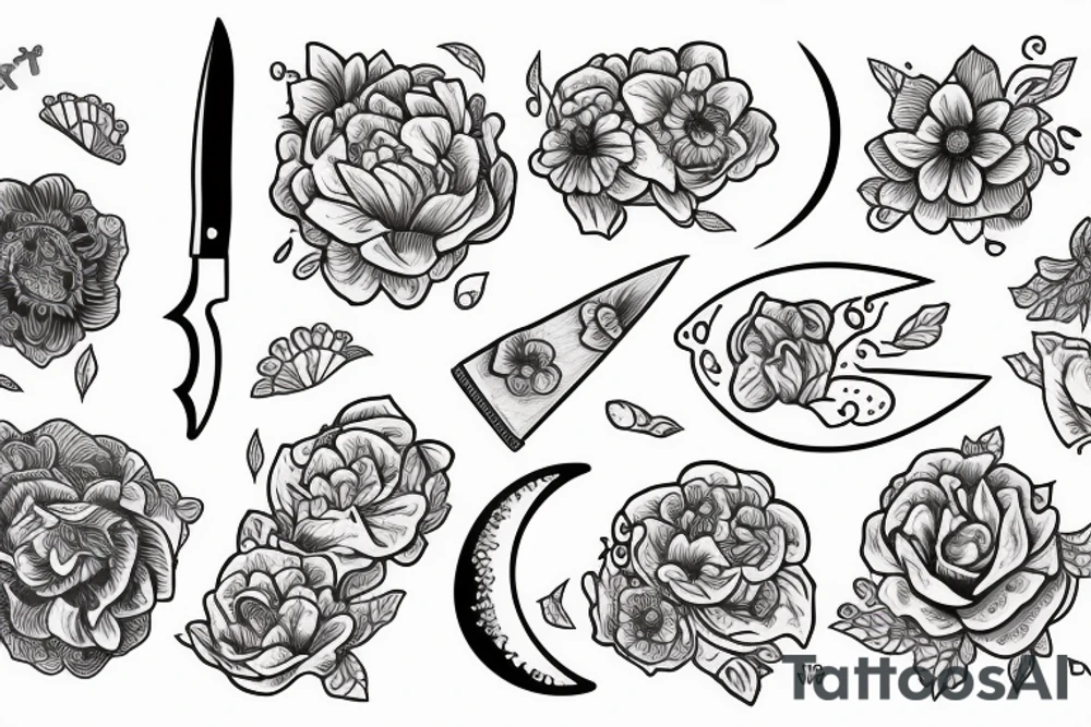 delicate flowers and a knife with the moon tattoo idea