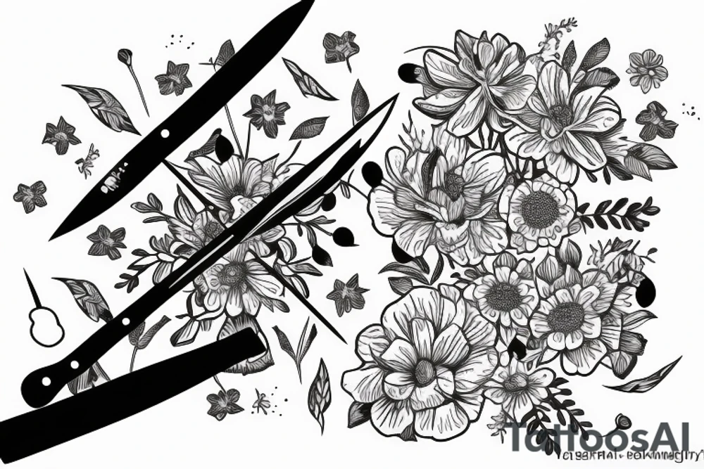 delicate flowers and a knife with the moon tattoo idea