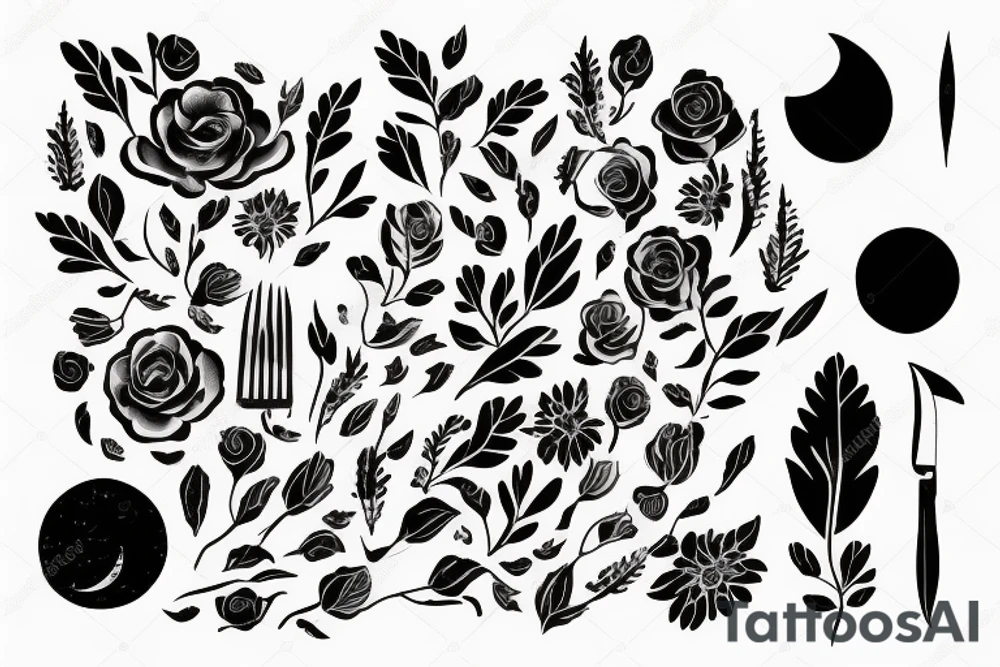 delicate flowers and a knife with the moon tattoo idea