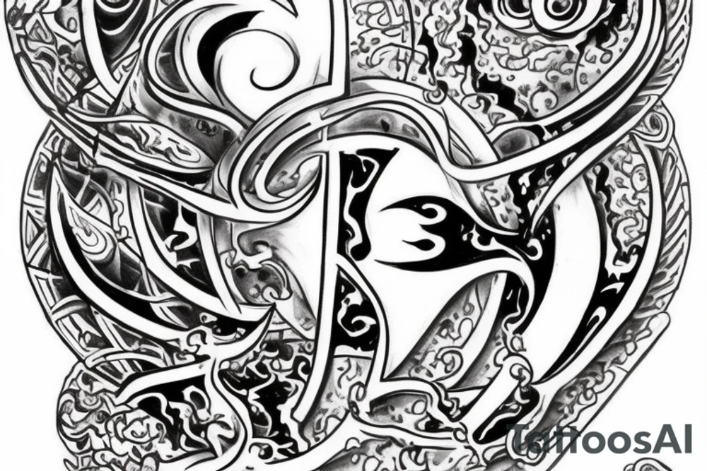 Make me a tattoo in black and white. It is said to contain the 4 elements water, fire, earth and air. It's supposed to be Japanese style. It should also contain the silhouette of the city of Würzburg and symbolize friendship. Please include the letters D, M, M and R. tattoo idea