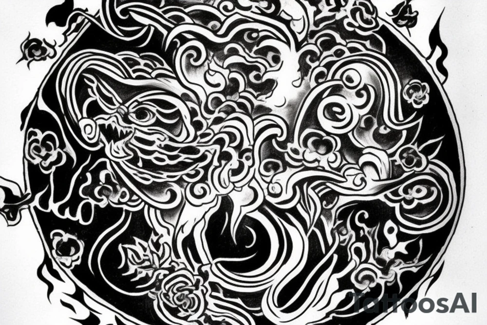 Make me a tattoo in black and white. It is said to contain the 4 elements water, fire, earth and air. It's supposed to be Japanese style. It should also contain the silhouette of the city of Würzburg and symbolize friendship. Please include the letters D, M, M and R. tattoo idea