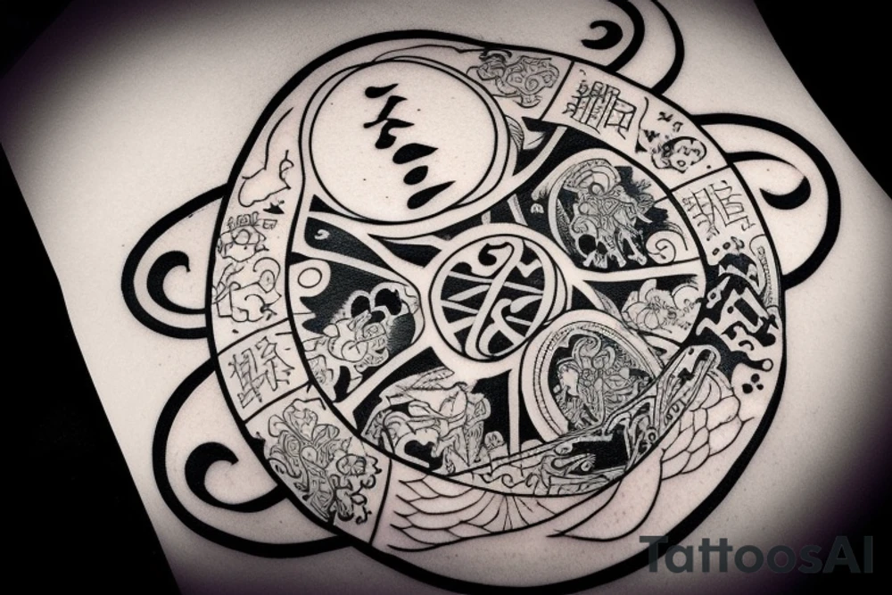 Make me a tattoo in black and white. It is said to contain the 4 elements water, fire, earth and air. It's supposed to be Japanese style. It should also contain the silhouette of the city of Würzburg and symbolize friendship. Please include the letters D, M, M and R. tattoo idea