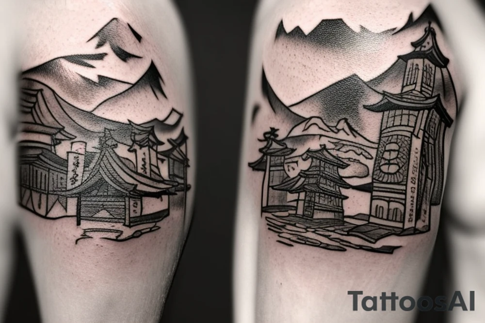 Make me a tattoo in black and white. It is said to contain the 4 elements water, fire, earth and air. It's supposed to be Japanese style. It should also contain the silhouette of the city of Würzburg and symbolize friendship. Please include the letters D, M, M and R. tattoo idea