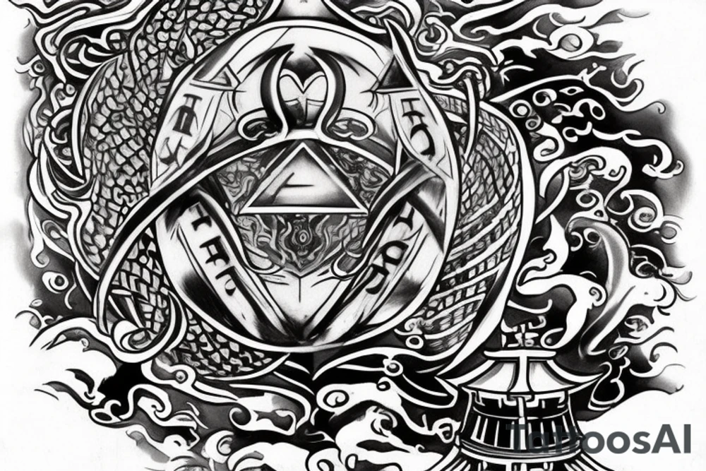 Make me a tattoo in black and white. It is said to contain the 4 elements water, fire, earth and air. It's supposed to be Japanese style. It should also contain the silhouette of the city of Würzburg and symbolize friendship. Please include the letters D, M, M and R. tattoo idea