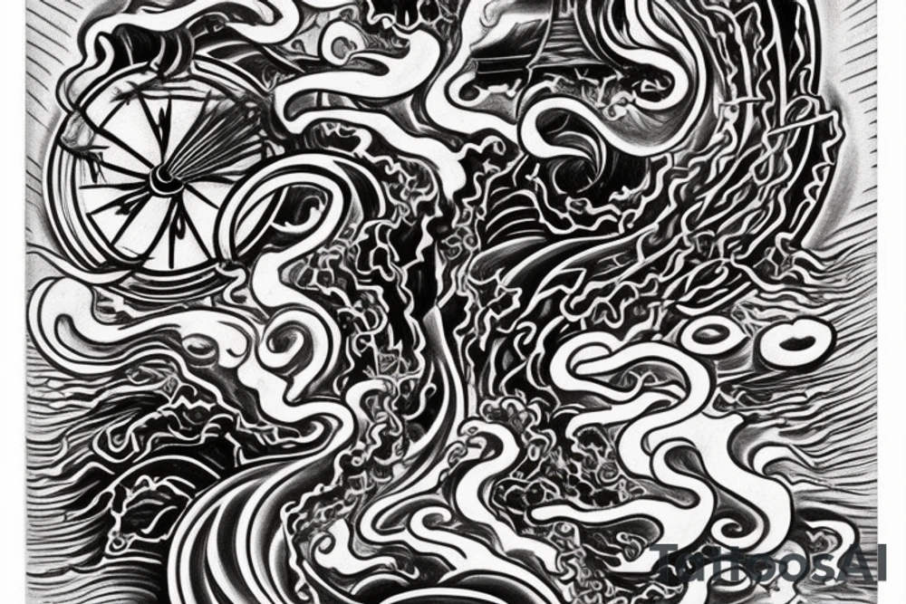 Make me a tattoo in black and white. It is said to contain the 4 elements water, fire, earth and air. It's supposed to be Japanese style. It should also contain the silhouette of the city of Würzburg and symbolize friendship. Please include the letters D, M, M and R. tattoo idea