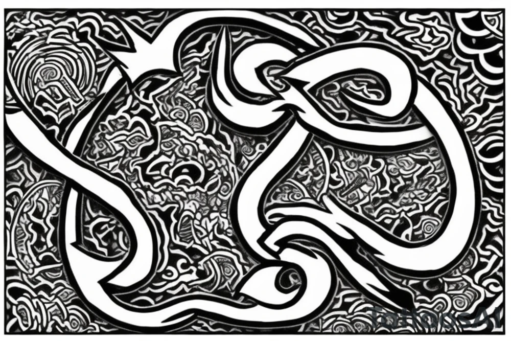 Make me a tattoo in black and white. It is said to contain the 4 elements water, fire, earth and air. It's supposed to be Japanese style. It should also contain the silhouette of the city of Würzburg and symbolize friendship. Please include the letters D, M, M and R. tattoo idea