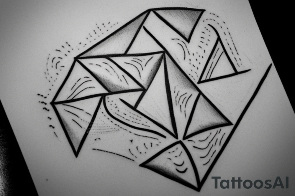 Please draw me a tattoo in the form of 4 triangles. Each triangle is said to contain one of the 4 elements. Please enclose the triangles with the letters M and M and R and D. It should have a clean design and be kept in the Japanese style tattoo idea