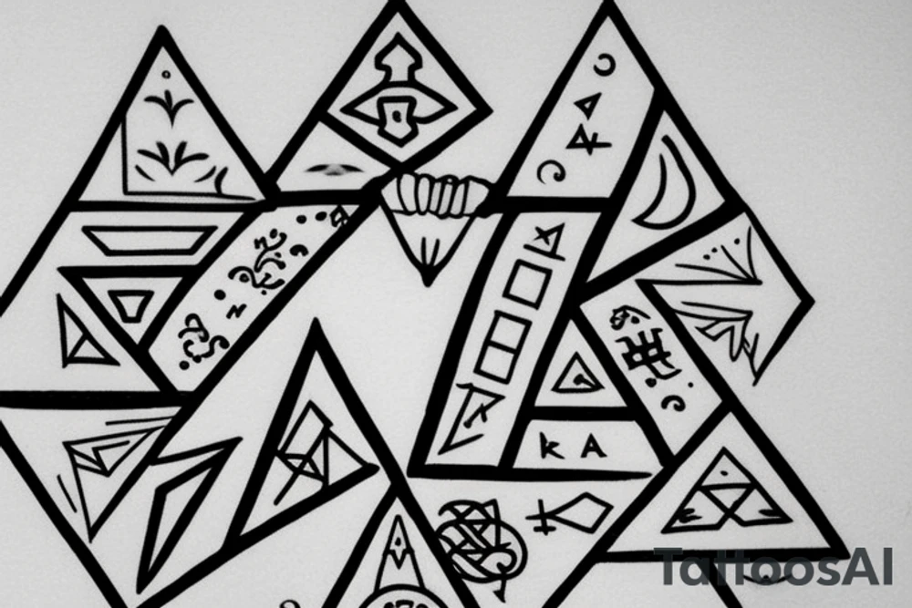 Please draw me a tattoo in the form of 4 triangles. Each triangle is said to contain one of the 4 elements. Please enclose the triangles with the letters M and M and R and D. It should have a clean design and be kept in the Japanese style tattoo idea
