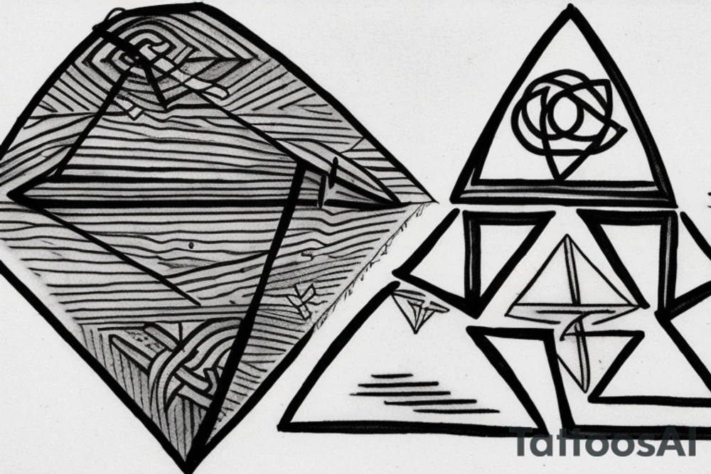 Please draw me a tattoo in the form of 4 triangles. Each triangle is said to contain one of the 4 elements. Please enclose the triangles with the letters M and M and R and D. It should have a clean design and be kept in the Japanese style tattoo idea