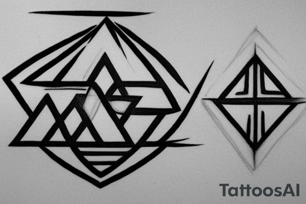 Please draw me a tattoo in the form of 4 triangles. Each triangle is said to contain one of the 4 elements. Please enclose the triangles with the letters M and M and R and D. It should have a clean design and be kept in the Japanese style tattoo idea