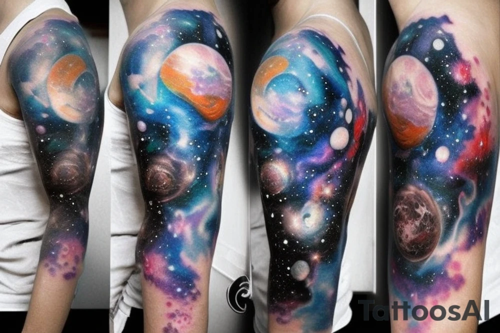 Forearm half sleeve galaxy and planets design tattoo idea
