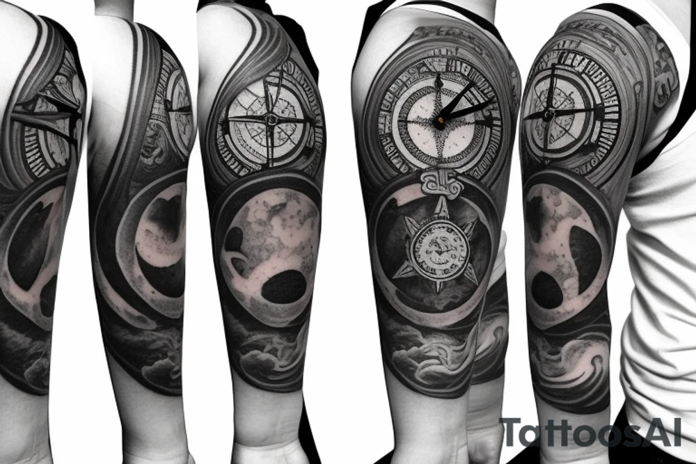 Forearm half sleeve clock and compass and yin yang tattoo idea