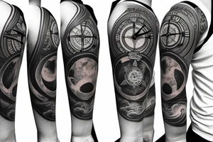 Forearm half sleeve clock and compass and yin yang tattoo idea
