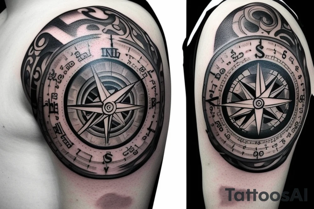 Forearm half sleeve clock and compass and yin yang tattoo idea