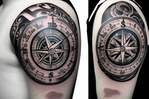 Forearm half sleeve clock and compass and yin yang tattoo idea
