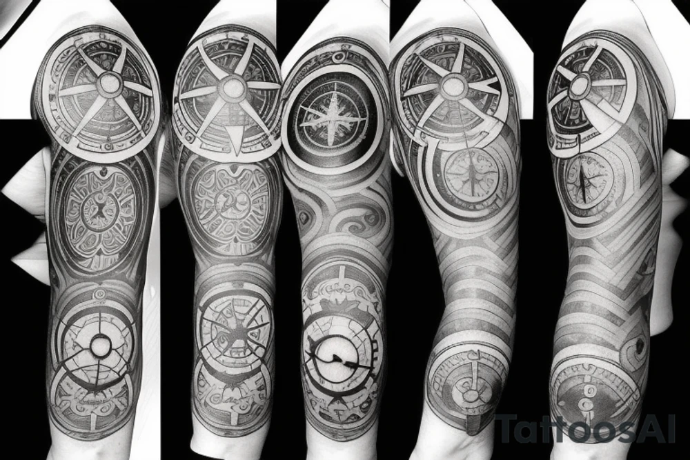 Forearm half sleeve clock and compass and yin yang tattoo idea