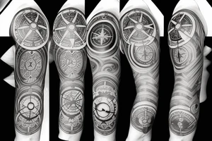 Forearm half sleeve clock and compass and yin yang tattoo idea