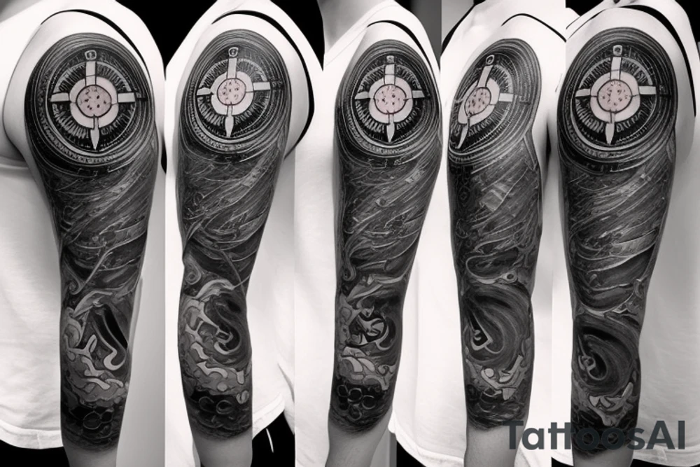 Forearm half sleeve clock and compass and yin yang tattoo idea