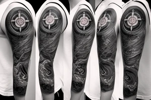 Forearm half sleeve clock and compass and yin yang tattoo idea