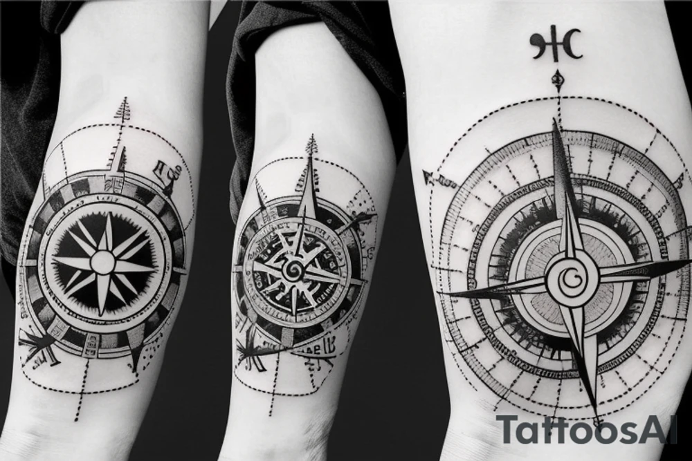 Forearm half sleeve clock and compass and yin yang tattoo idea