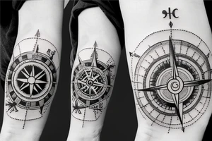 Forearm half sleeve clock and compass and yin yang tattoo idea