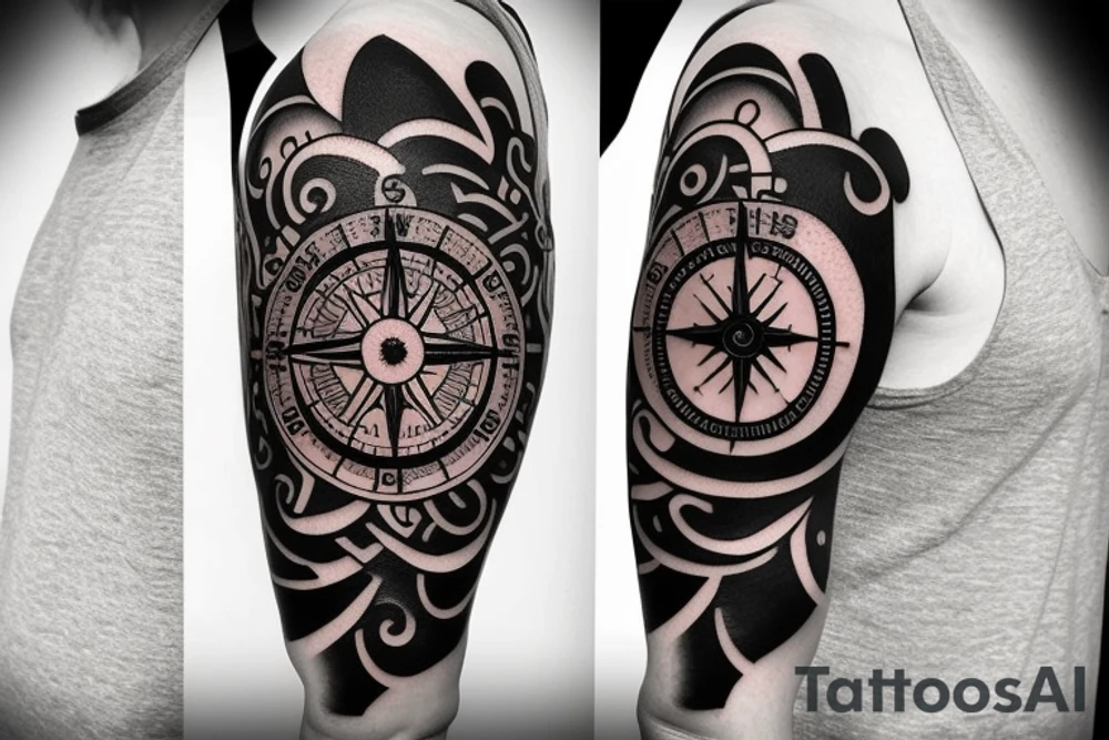 Forearm half sleeve clock and compass and yin yang tattoo idea