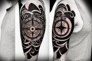 Forearm half sleeve clock and compass and yin yang tattoo idea