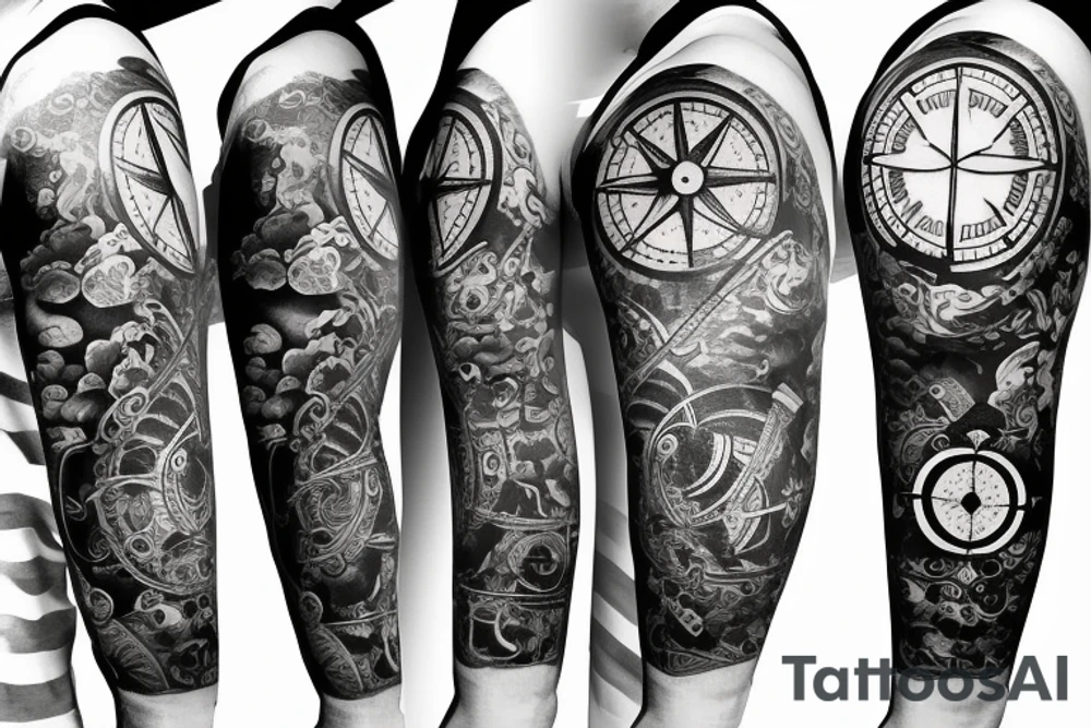 Forearm half sleeve clock and compass and yin yang tattoo idea